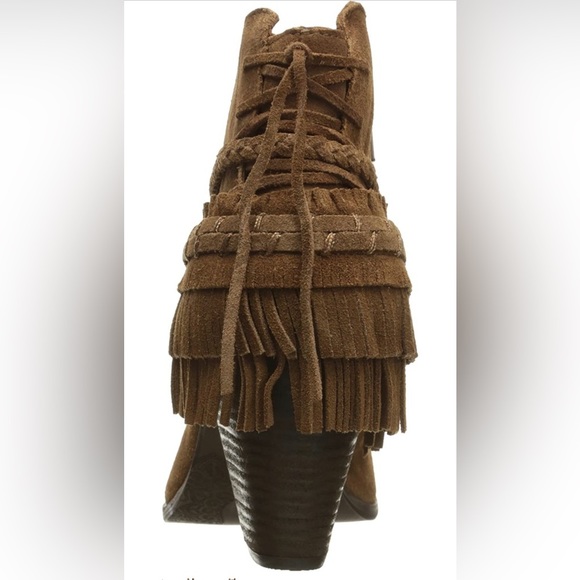 New Naughty Monkey In Lyne Boho Fringe Western Tan Suede Block Heel Ankle Boot - Picture 6 of 16